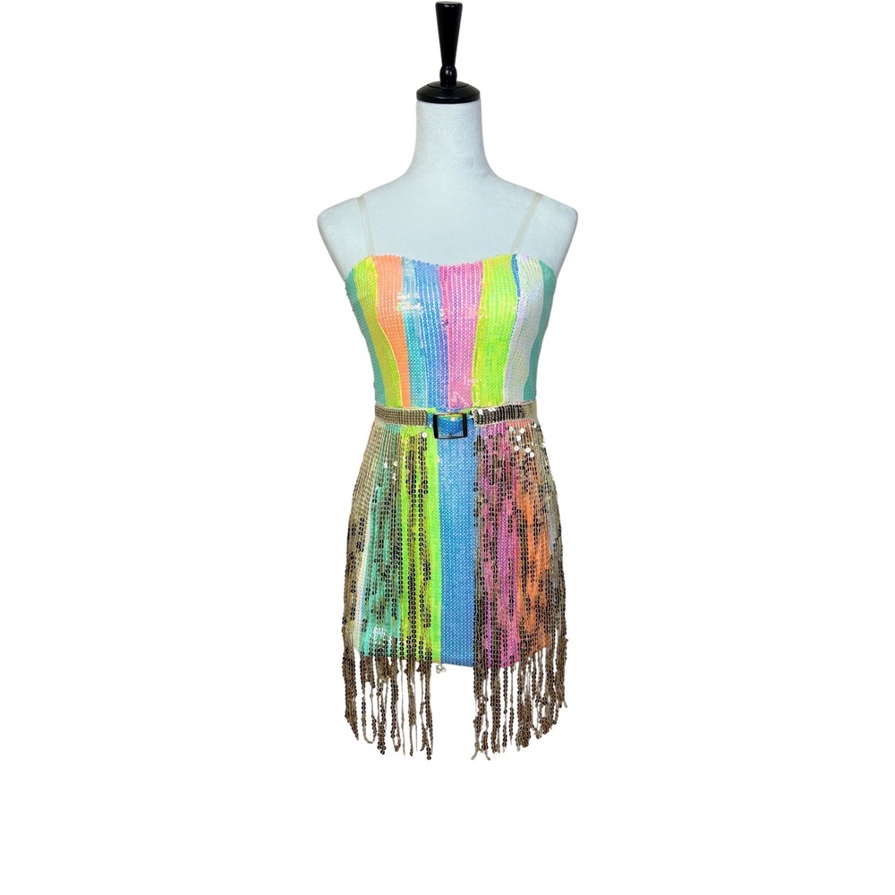 Sparkly Sequin Rainbow & Gold Fringe Mini Dress Blue B Size Small Pride Colorful